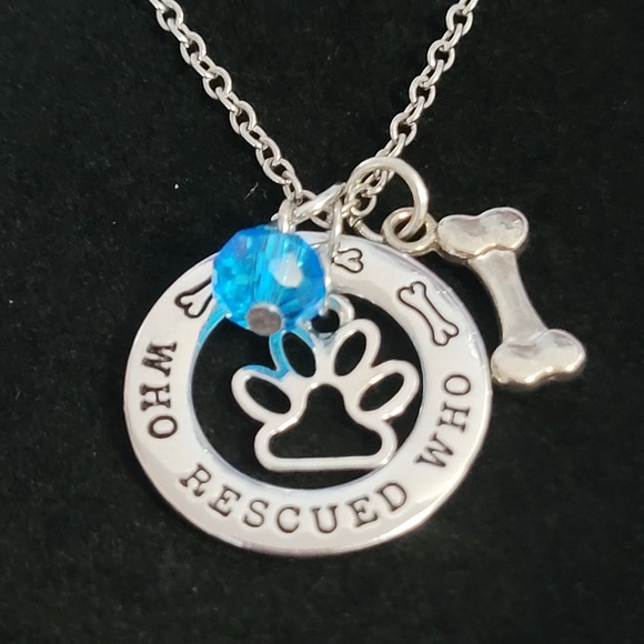 The Unbranded Brand Jewelry - "Who Rescued Who" Pet Charm Necklace Silvertone Paw Bone Dog Love 21 Inches